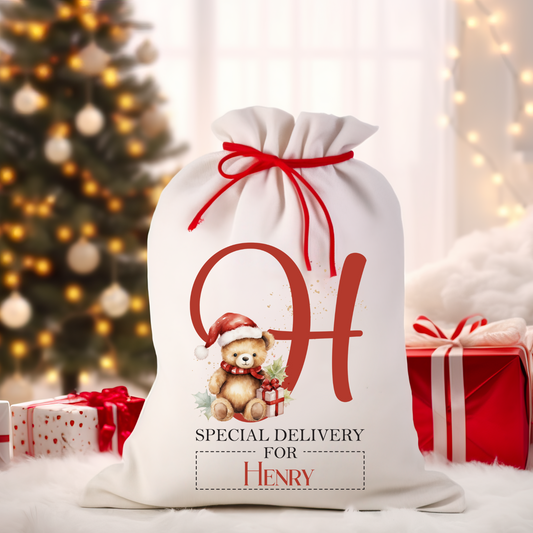 Teddy Bear Initial Santa Sack
