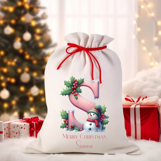Pink Snowman Initial Santa Sack